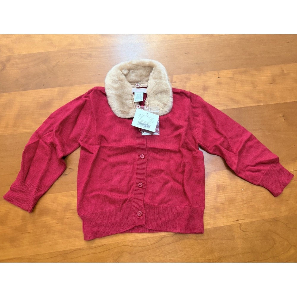 Vintage Holiday Janie and Jack 18-24M Red Knit Cardigan Sweater Faux Fur Collar